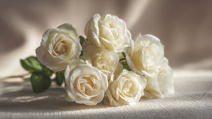 Cream White Roses Spray in Morning Sunlight on Textured Linen, Close Up