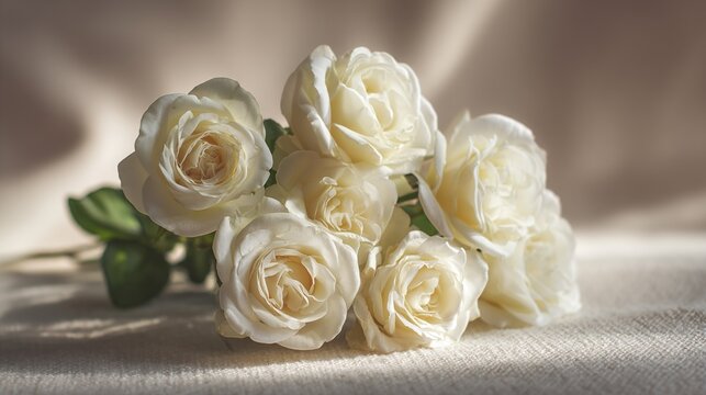 Cream White Roses Spray in Morning Sunlight on Textured Linen, Close Up - Powered by Adobe