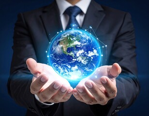 Businessperson Holding Glowing Digital Earth Globe