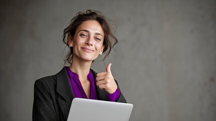 Femme d'affaires souriante faisant un pouce levé devant son ordinateur