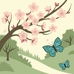 Elegant spring illustration of cherry blossom flowers with butterflies in a scenic green landscape. Perfect floral background for nature, springtime, garden, and seasonal decorative designs