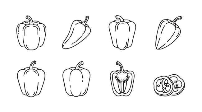 Collection of hand drawn bell pepper and chili pepper silhouettes