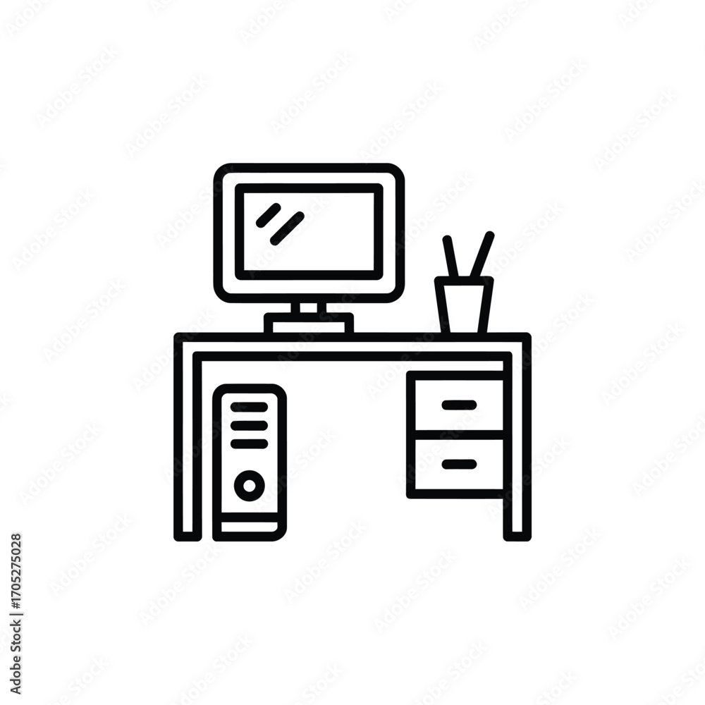 Poster minimalist line art of a computer desk setup