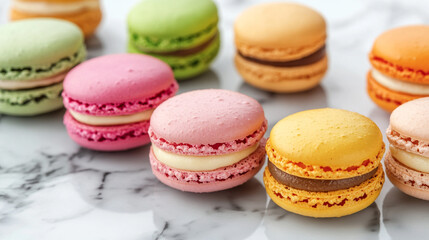 Fototapeta premium Colorful Assorted French Macarons on Marble Surface