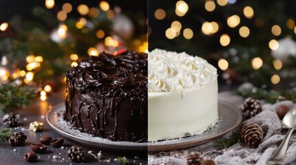 Split Festive Image: Decadent Chocolate and White Christmas Cakes