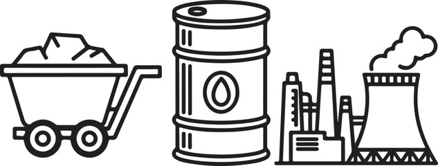 Set of Line Art Icons: Coal, Oil Barrel, and Industrial Power Plant