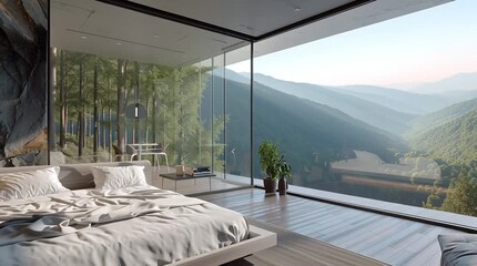 video of a modern minimalist guest room interior inside elevated mountain villa, spacious and bright, floor to ceiling glass wall with panoramic forest view, sleek white concrete walls, natural wood - Powered by Adobe