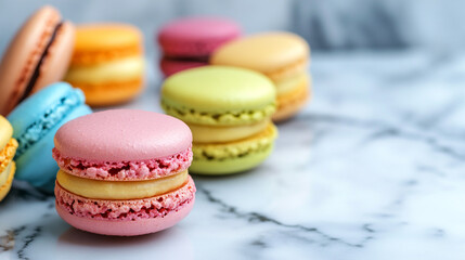 Colorful Assorted French Macarons on Marble Surface