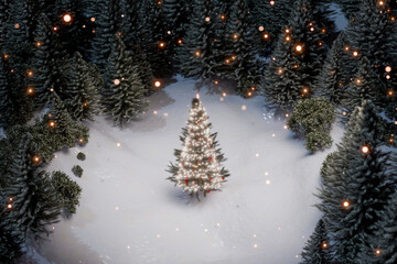 3d christmas tree glowing in snowy forest with festive lights