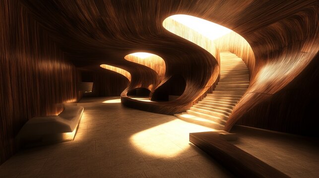 Intricate wooden interior, sunlit curves - Powered by Adobe