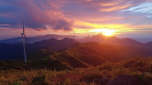 Wind turbines atop a mountain range at sunset - Powered by Adobe