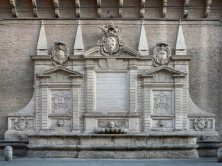 Ancient Marble Old Fountain Integrated Into City Wall On Via Bassi - Bologna, Italy