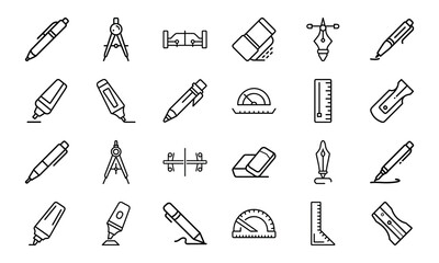 Stationery and Drawing Tools Icons Set – Outline Collection of Pen, Pencil, Compass, Ruler, Protractor, Sharpener, Marker and Fountain Pen Line Art for School, Office and Design