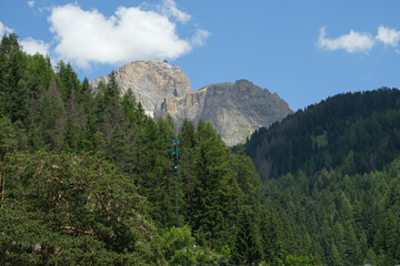 Majestic Dolomite Peaks Over Forest on Summer Day In The Canazei Valley, Italy
