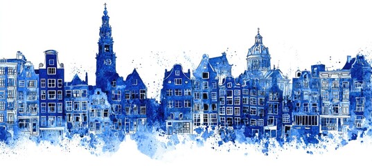 Obraz premium Watercolor cityscape of Amsterdam, blue hues