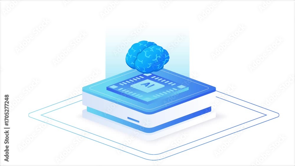 Poster isometric artificial intelligence chip animation. ai brain concept. computer electronics and ai syst