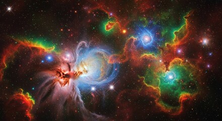 Vibrant nebula with swirls of dust, gases and bright stars across cosmos