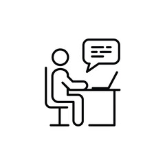 Person at desk with laptop and speech bubble icon