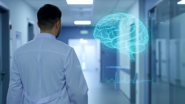 Doctor walking in hospital corridor with digital brain interface analysis - Powered by Adobe