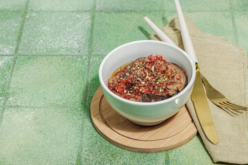 Fermented eggplants in a bowl. Healthy gut food, natural probiotic superfoods, organic pickles