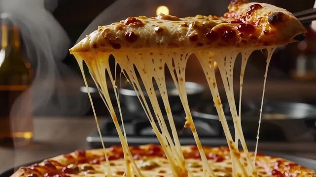 Delicious hot pizza with long strings of melted cheese stretching upwards, a tempting treat.