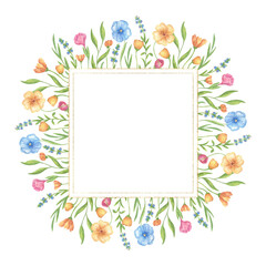Watercolor Flower frame. Square template with hand-painted greenery, wildflowers, herbs. Banner with a floral composition and space for text. Design of postcards, greetings, and wedding invitations