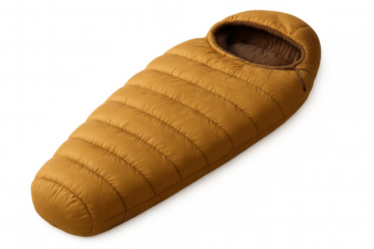 Quilted brown sleeping bag resting flat, providing warmth for wilderness expeditions and camping trips against neutral backdrop