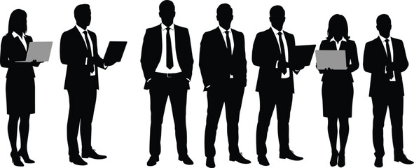 Business professionals silhouettes standing in formal suits holding laptops, confident corporate team, office workers, modern business people vector illustration