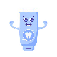 A cute kawaii toothpaste character with big sparkling eyes and a cheerful smile. The tube depicts a white tooth , radiating freshness and fun. Perfect for promoting dental hygiene.
