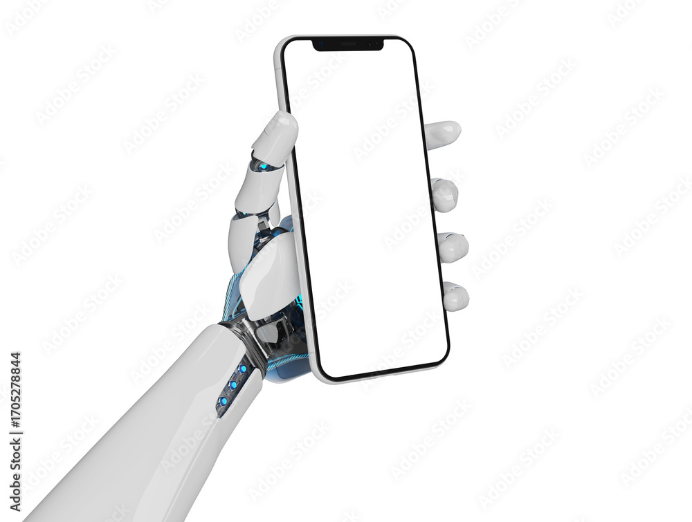 Poster white robot hand holding modern smartphone isolated on transparent background mockup 3d rendering