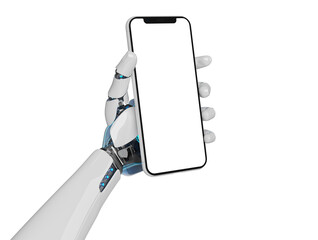 White robot hand holding modern smartphone isolated on transparent background mockup 3d rendering