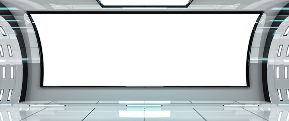 White spaceship with isolated cut out transparent window. Futuristic bright glossy interior with glowing lights