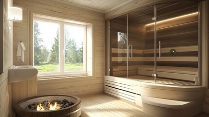 Wooden sauna with window view