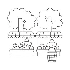 Two Market Stalls with People, Apples, and Baskets Line Art vendors farmers
