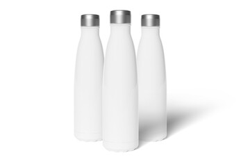 Three isothermal sport bottle isolated on transparent background mockup 3D rendering
