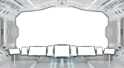 Futuristic bright starship with glowing lights. 3D rendering. White spaceship interior with isolated cut out transparent window