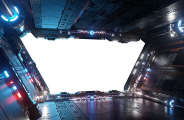 Metallic spaceship interior with isolated cut out transparent window. Glossy starship corridor with blue and pink glowing lights. 3D rendering
