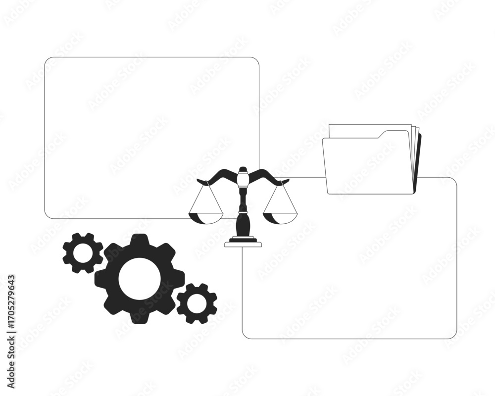 Poster legal data management with files and justice scale line illustration concept. folders, gears and law