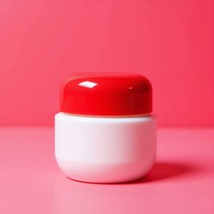 Minimalist product photography of a white cream jar with a bright red lid on a pink background