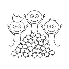Three happy stick figure children jumping in a pile of autumn leaves Keywords: children, kids, stick figures, happy, jumping, playing, autumn, fall, leaves, pile of leaves, season, outdoor, fun