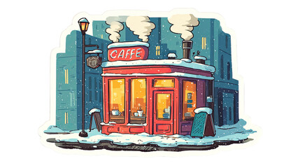 Charming retro winter cafe sticker illustration with red building and snow.