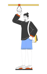 Casual caucasian man standing and holding hanging strap on train 2D doodle character. Transport passenger with goatee beard cartoon person vector drawing isolated on white. Hand drawn illustration