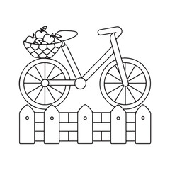 Black and white outline drawing of a bicycle with a basket of apples resting on a picket fence bike