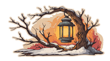 Retro Winter Scene with Glowing Lantern Hanging from Snow Covered Tree