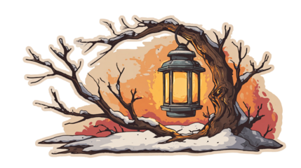 Retro Winter Scene with Glowing Lantern Hanging from Snow Covered Tree