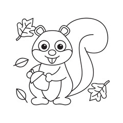 Cute Cartoon Squirrel Holding an Acorn Surrounded by Falling Autumn Leaves vector illustration