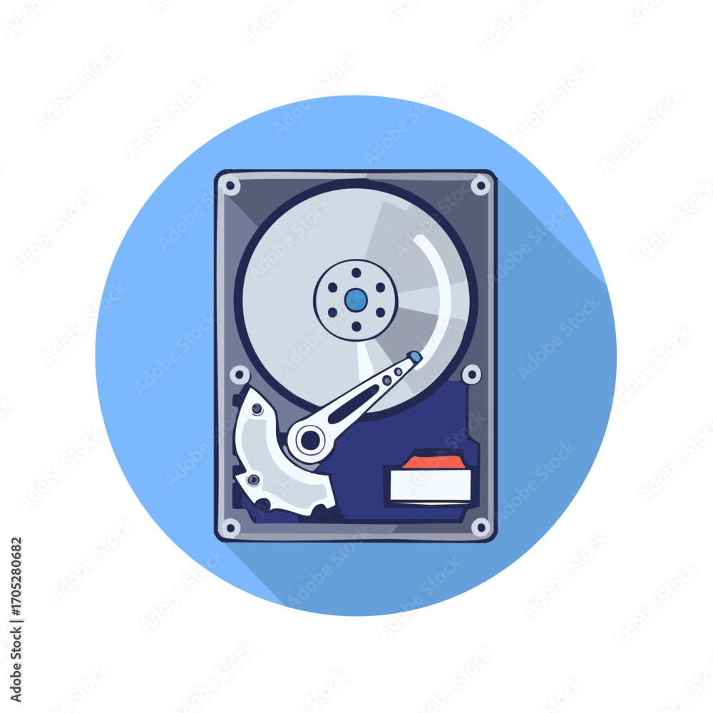 Poster internal computer hard drive with spinning disk and read write arm illustration