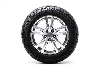 Full view of a silver alloy wheel with a black tire