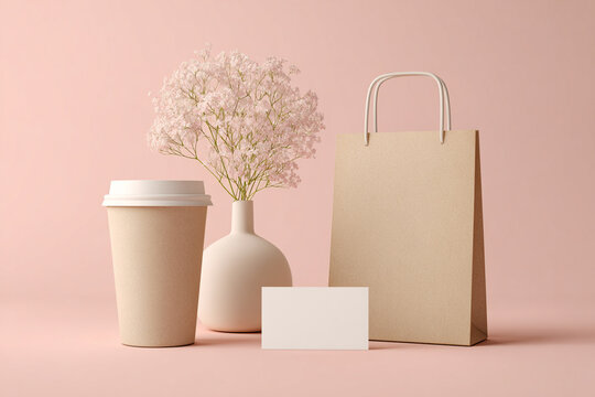 mockup image: set of blank cafe items( coffee cup, paper shopper bag, business card) with pastel pink background. best use for branding and building a visual identity for cafe