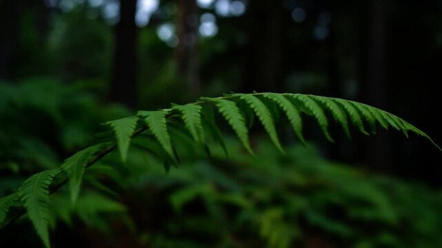 Fern frond in foreground with dark, blurred green forest background